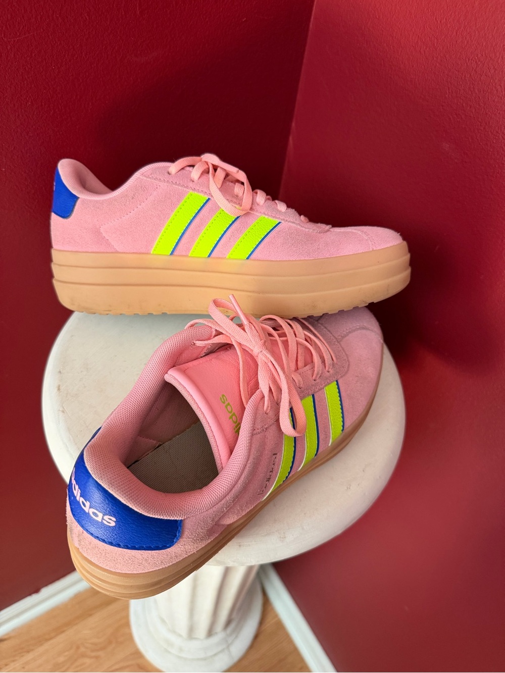 Adidas Pink & Neon Green Suede Platform Sneakers - Picture 6 of 8